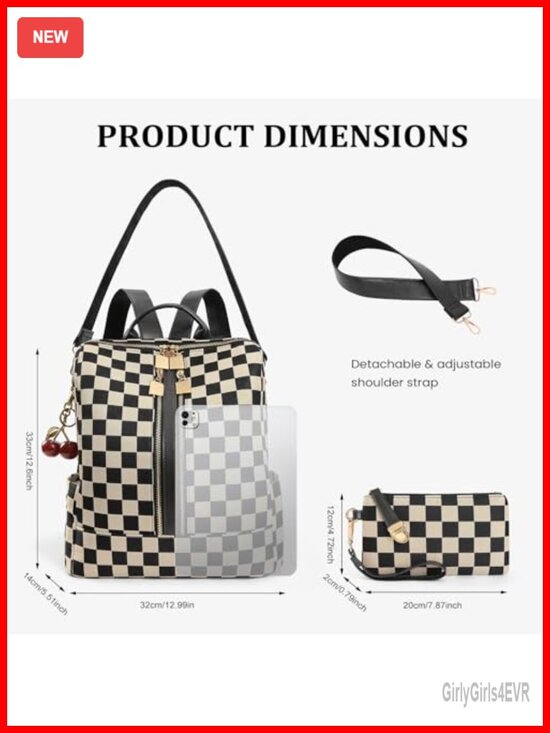 Canvas PU Ladies Backpack Purse with Cherry Pendant Work Travel Daypack